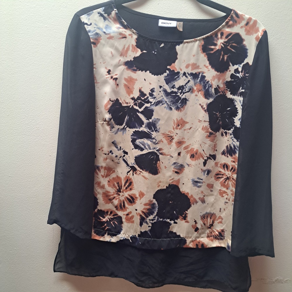 DKNY Womens Floral Print Layered Chiffon Blouse Black Navy Cream Size M